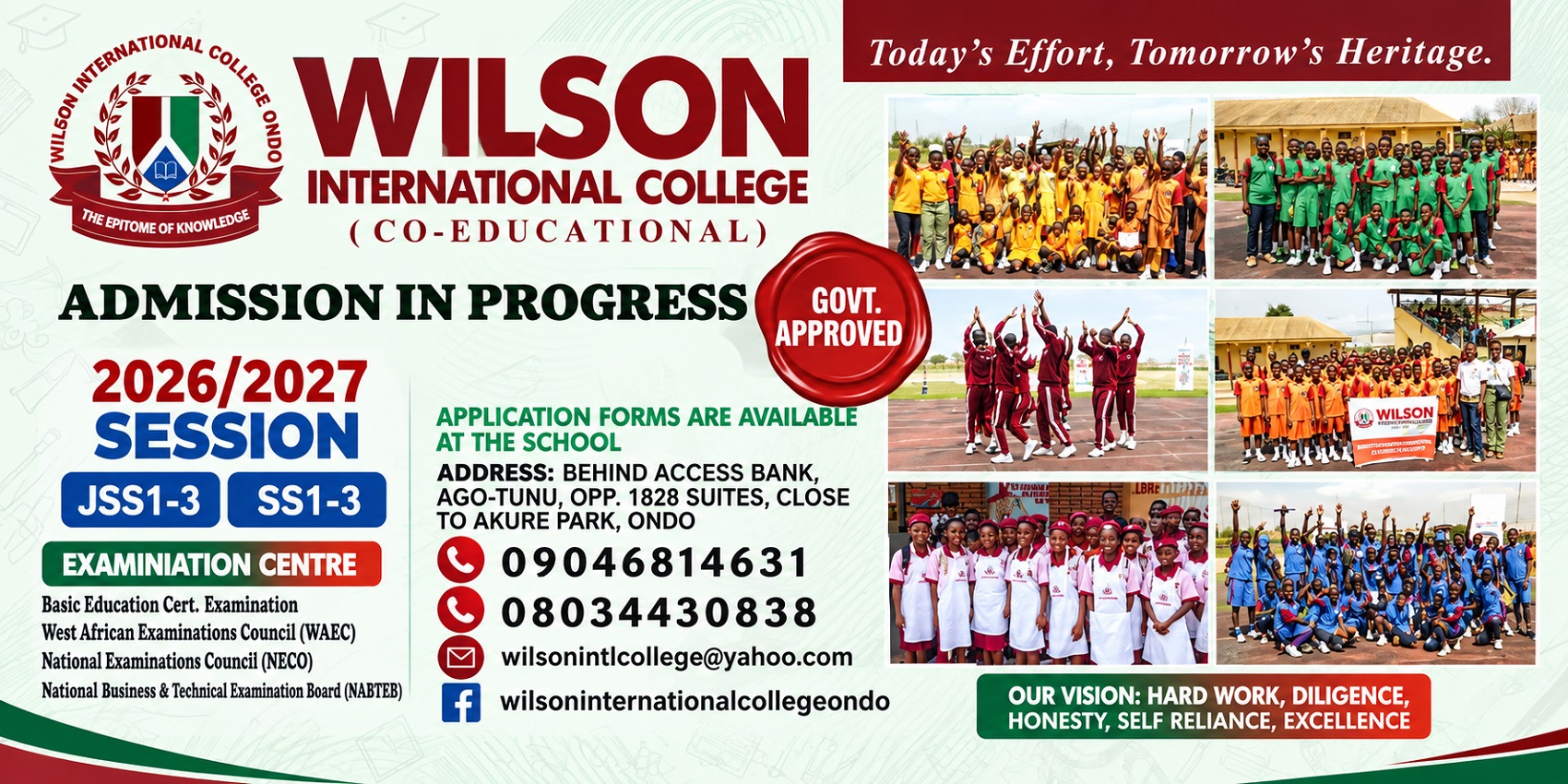 Wilson International College 2026/2027 Admission Flier